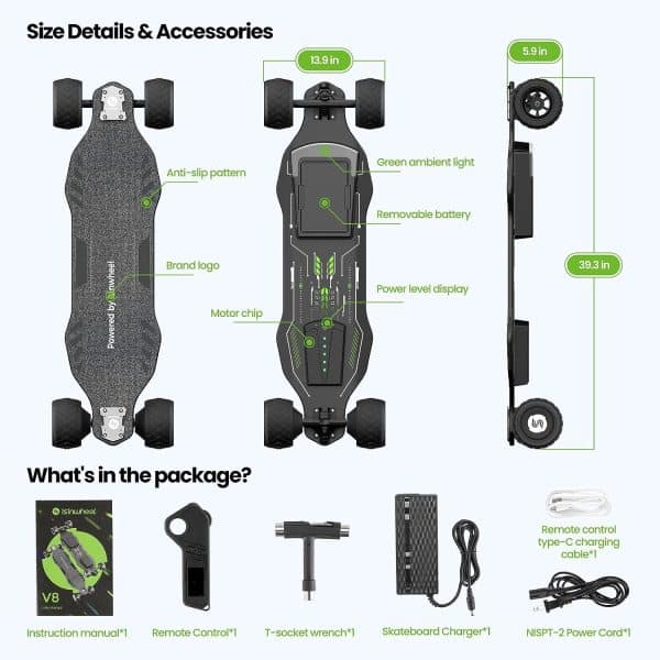 isinwheel V8 Electric Skateboard with Remote, 1200W Brushless Motor, 30 Mph Top Speed & 12 Miles Range, Replaceable Battery, Electric Longboard for Adults ＆Teens with Green Ambient Light