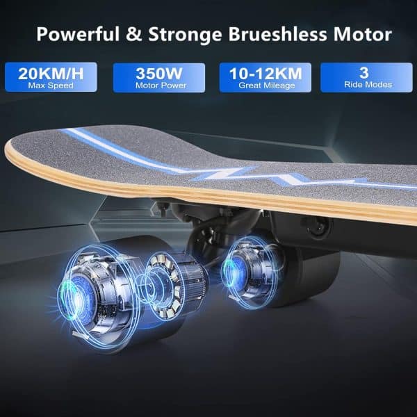 Caroma Electric Skateboard, 350W Electric Skateboard with Wireless Remote Control for Adult Teens, 12.4MPH Top Speed, 8 Miles Max Range, 3-Speed Adjustment, Load up to 220lbs